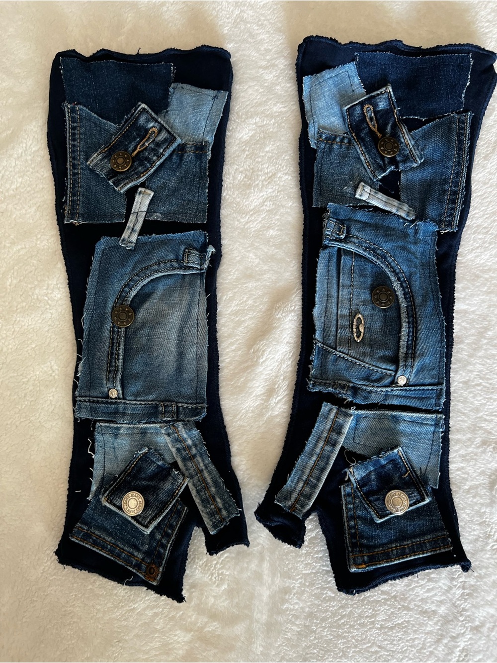 Denim Patchwork Fingerless Gloves- Blue OS